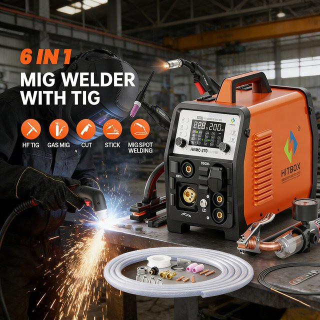 HITBOX HBMC270 Aluminium MIG-Schweißgerät mit synergischer Steuerung, 6-in-1 Multifunktionsgerät für MIG, Stick MMA, ARC, HF TIG und CUT, Gas/Gaslos sowie Punktschweißen für Aluminium und Edelstahl mit großem LED-Display und IGBT-Inverter - Bild 1