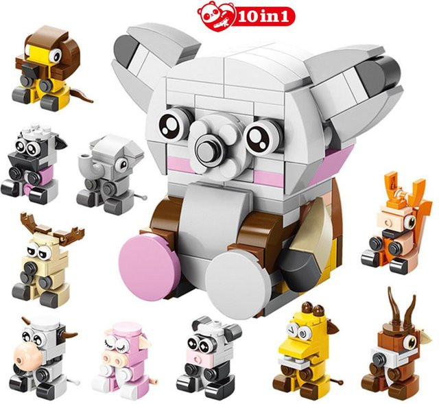 Stadt Kreativität Tierwelt Insekt Fisch Panda Dinosaurier Kaninchen Elefant 10 in 1 Baustein MOC Modell DIY Steine, ab 6 Jahren - Bild 1