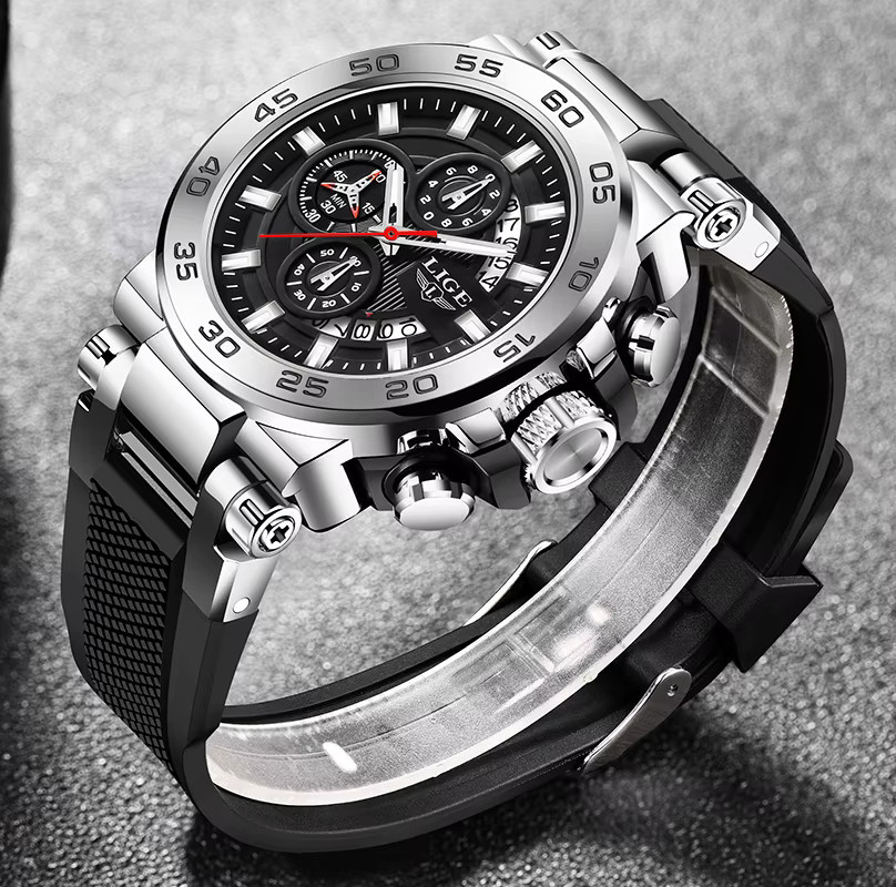 LIGE Armbanduhr Chronograph, Quarz, Silikon, Schwarz, Herren - Bild 4