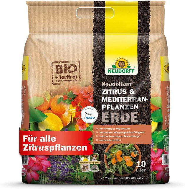 Neudorff NeudoHum Zitrus- und Mediterranpflanzenerde, torffreies Pflanzsubstrat für Palmen, Kübelpflanzen und Zitrusgewächse, 10 l - Bild 1