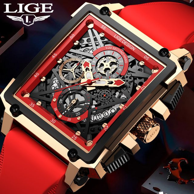LIGE Armbanduhr Chronograph, Quarz, Rot, Silikon, Herren - Bild 1
