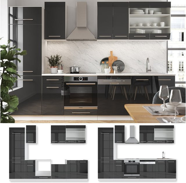 Vicco Fame-Line Küchenzeile in Anthrazit Hochglanz mit Softclose-Funktion Breite: 240 cm, Tiefe: 52 cm, Höhe: 82 cm - Bild 1