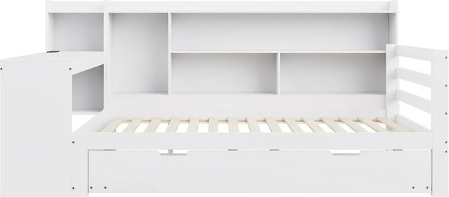 KOMHTOM Schlafsofa mit Schreibtisch, Regalen, Staufächern und Steckdose, ausziehbares Bett aus Kiefernholz und MDF, Weiß, B: 90 cm, L: 200 cm - Bild 1