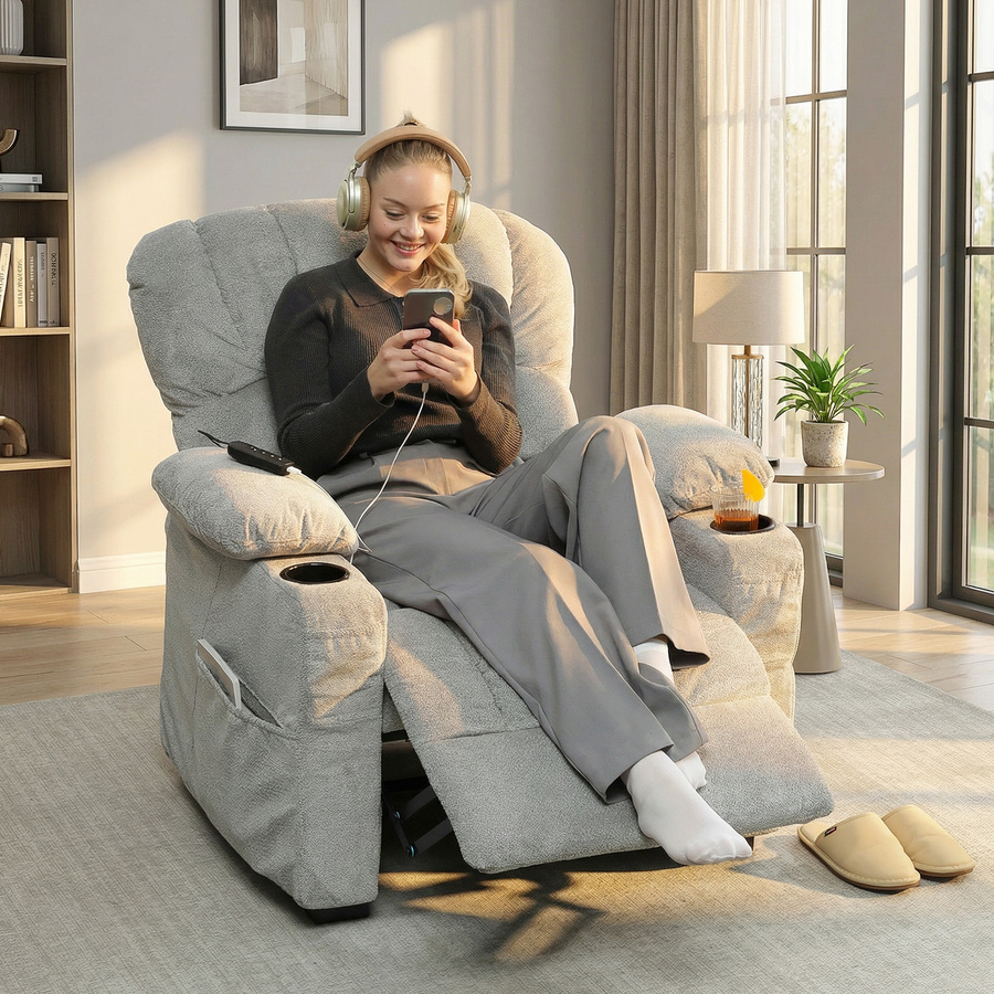 HOMCOM Elektrischer Relaxsessel in Grau mit Muschel-Rückenlehne, Liegefunktion, USB-Anschluss und Getränkehalter aus Samt - Bild 2