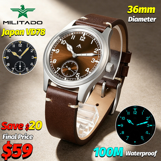 Militado Herrenuhr, Quarz, Edelstahl, Saphirglas, 36 mm, Leder, Schwarz - Bild 1