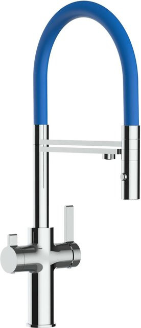 VIZIO Küchenarmatur mit 3-Wege-Funktion, 360° schwenkbarem Auslauf und abnehmbarer 2-Strahl-Handbrause, Verchromt, Blau - Bild 1