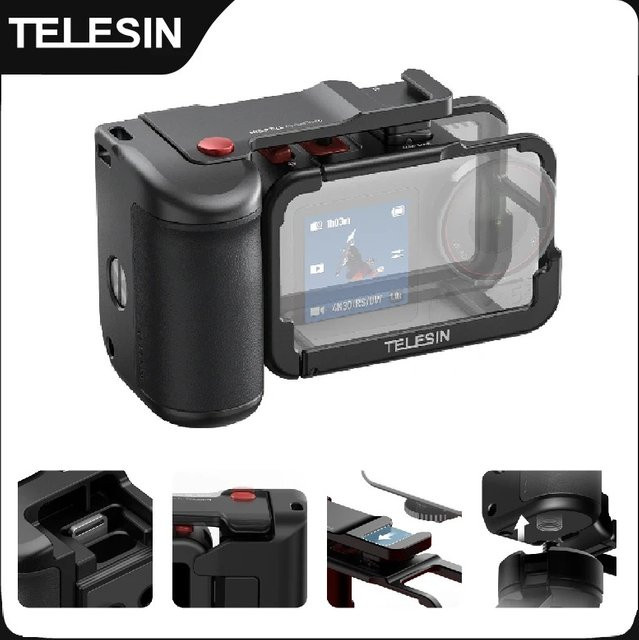 TELESIN StreetGrip Kit für DJI Action 5 Pro, 4 und 3 in Schwarz mit Handgriff, Fernbedienung, Aluminiumlegierung Schutzgehäuse-Set und Cold Shoe Adapter - Bild 1