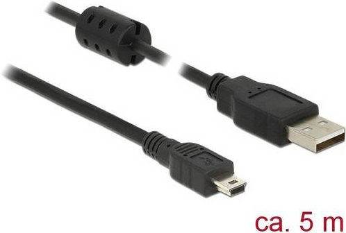 Delock USB 2.0 Kabel mit USB-A und USB-Mini-B Stecker Schwarz 5,00 m mit Ferritkern - Bild 1