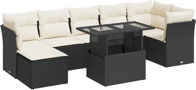 vidaXL 8-teilige Garten-Sofagarnitur in L-Form aus Poly-Rattan und pulverbeschichtetem Stahl mit Kissen in Schwarz-Creme - Bild 1