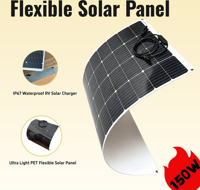 JINGYANGPV 150W Flexibles Monokristallines Solarpanel 12V, Biegbares PET Wasserdichtes Solarladegerät in Schwarz für Wohnwagen, Reisemobil, Boot und Camping - Bild 1