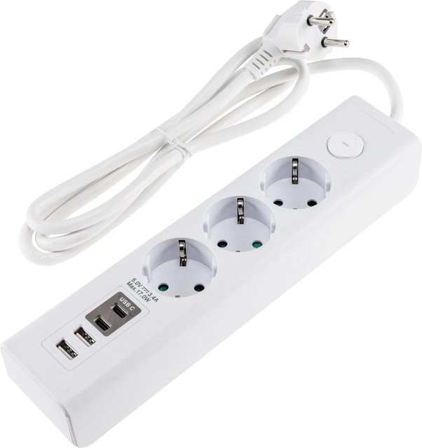 ChiliTec Steckdosenleiste 3-fach in Weiß mit USB-A und USB-C sowie Schalter - Bild 1