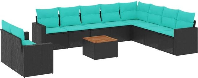 vidaXL 11-teilige Garten-Sofagarnitur aus Poly-Rattan und Akazienholz in Schwarz mit blauen Kissen - Bild 1