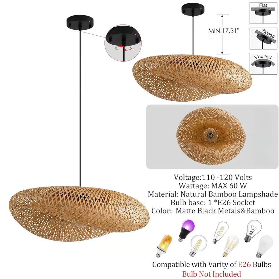 JOYINLED Handgewebter Bambus-Kronleuchter in Braun, Natürliche Rattan-Pendelleuchte im Boho-Stil für Wohnzimmer, Esszimmer und Schlafzimmer - Bild 3