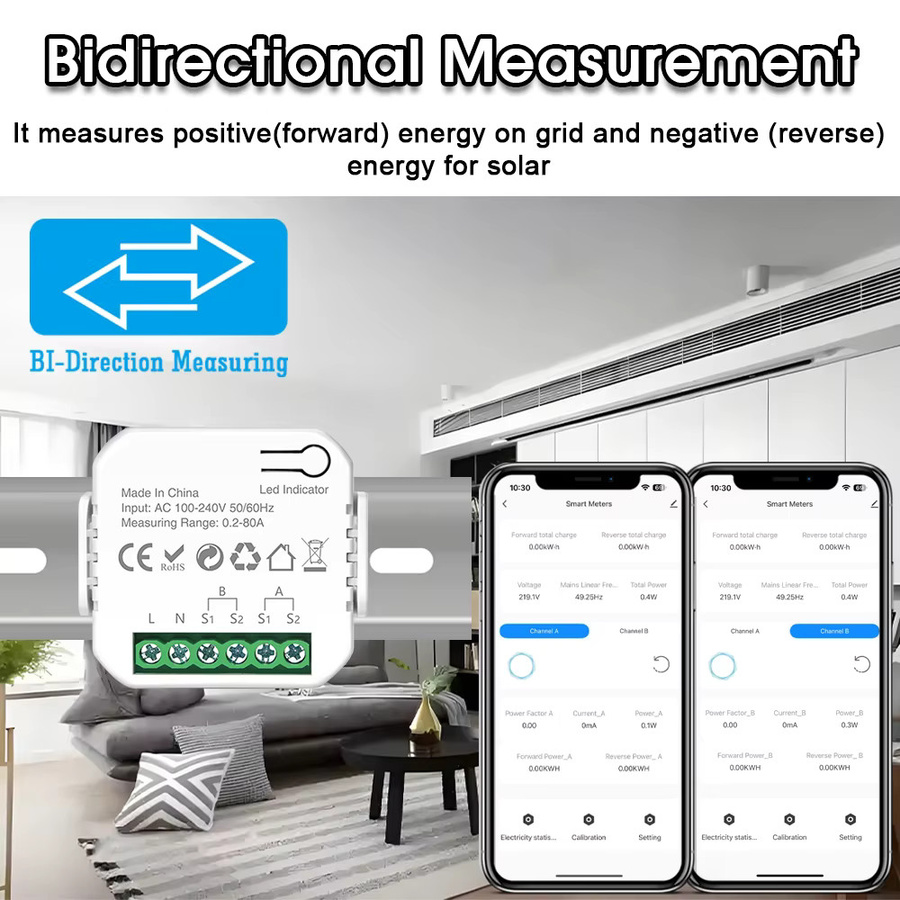 EARU WiFi Smart PV-Solar-Energiemessgerät mit Tuya App, einphasiger 1-2-Kanal bidirektionaler Strom-Spannungs-kWh-Monitor in Weiß - Bild 3
