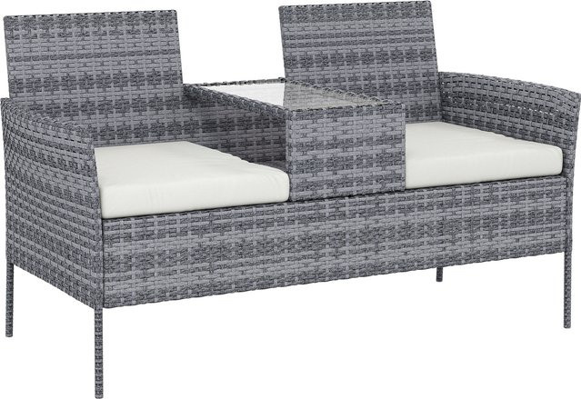 Aosom Outsunny Gartenbank aus geflochtenem Resin mit 2 Plätzen, Tisch und Kissen, wetterfestes Outdoor-Sofa für Balkon und Terrasse, schwarz-creme, B/T/H: 135 x 64 x 81 cm - Bild 1