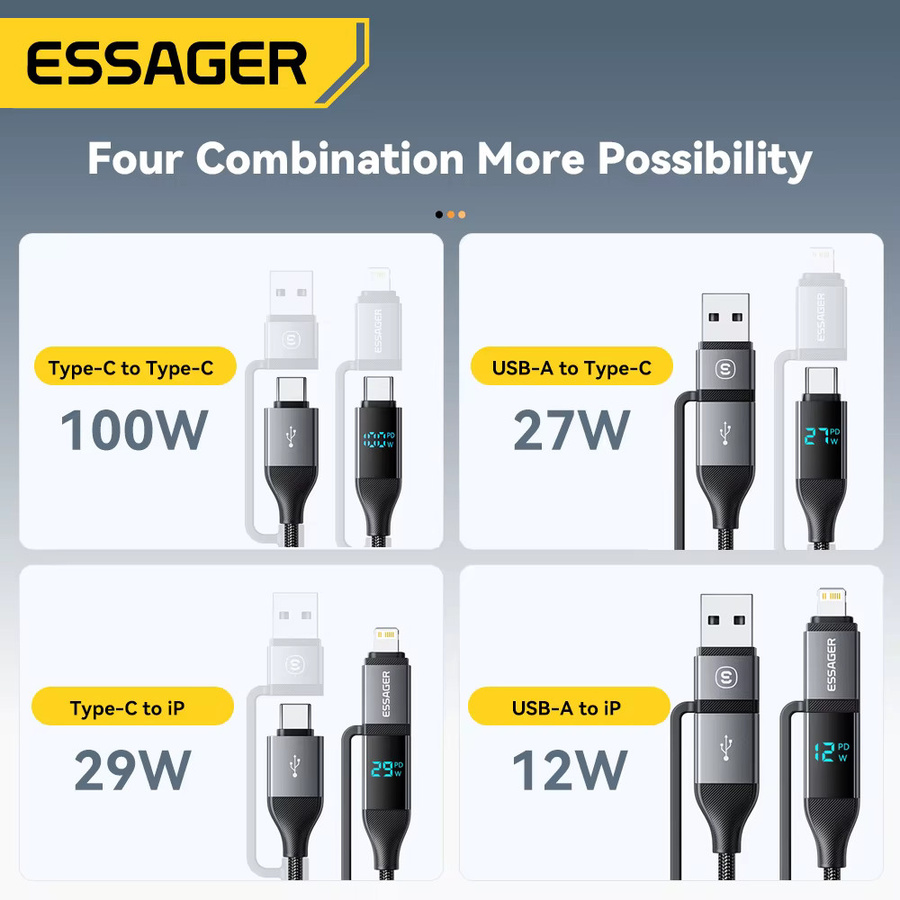 Essager 4 in 1 USB-C-Kabel mit digitalem Display, 100 W Schnellladefunktion und Beleuchtung für iPhone, Huawei, Xiaomi, MacBook und iPad, Farbe: Schwarz oder Grau - Bild 5