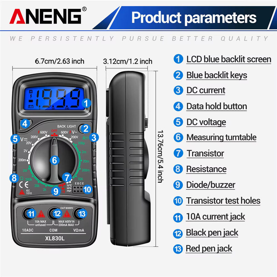 ANENG XL830L Digitales Multimeter in Schwarz als ESR-Messgerät und Transistor-Spitzentester für Kfz-Elektrik - Bild 4