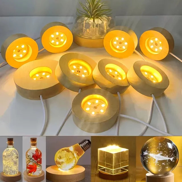Runde LED-Display-Basis aus Holz mit USB-Anschluss für Kristallglas, erhältlich in Weiß oder Multicolour, Durchmesser: 8 cm - Bild 1