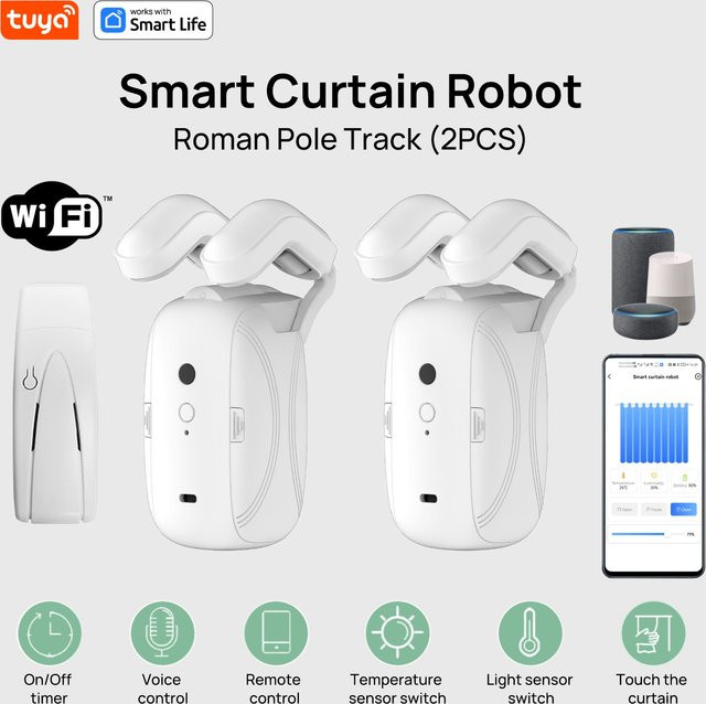 Tuya Smart Wifi Vorhang Roboter mit Gateway in Weiß für Roman Rod Tracks, App-Fernbedienung und Sprachsteuerung, Einzel- oder Doppelöffnung - Bild 1