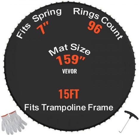VEVOR Ersatz-Trampolinmatte Schwarz passend für 457 cm Rahmen inklusive Federwerkzeug und V-Ringen für 17,8 cm Federlänge - Bild 1