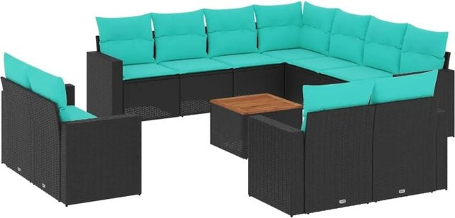 vidaXL 12-teilige Garten-Sofagarnitur in L-Form aus Poly-Rattan und Akazienholz mit Kissen in Schwarz - Bild 1