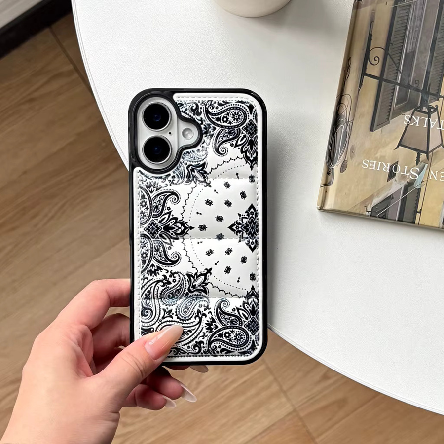 iPhone Puffer-Telefonhülle im Retro-Schwarz-Weiß-Paisley-Design für iPhone 17 16 15 14 12 11 Pro Max Plus Air - Bild 4