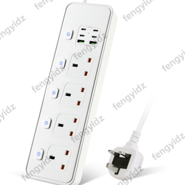 Fengyidz Steckdosenleiste mit UK-Stecker in Weiß, 4 AC-Steckdosen mit unabhängigen Schaltern, USB-Typ-C-Anschluss und Überspannungsschutz, 2 m Kabel - Bild 1