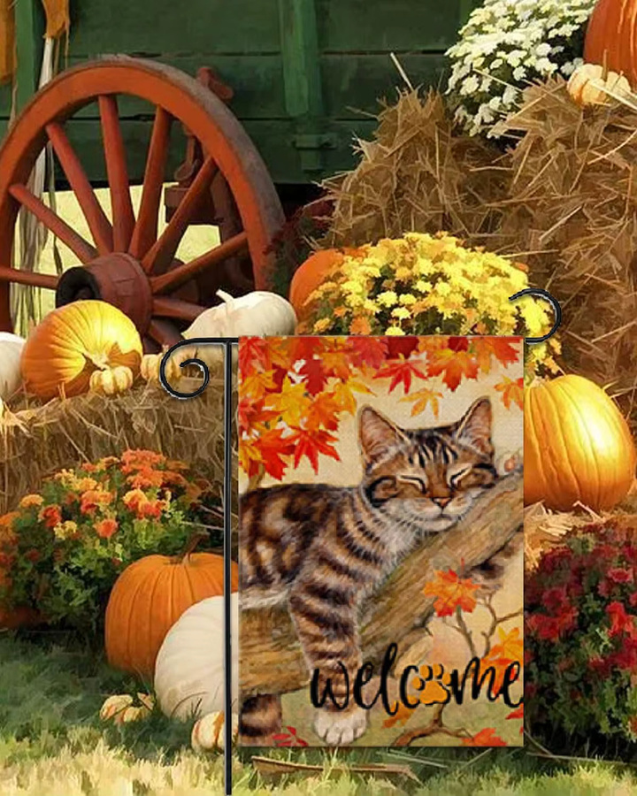 VIKAMA Herbstkatzen-Gartenflagge aus Leinen mit herbstlichen Blättern, doppelseitig bedruckt, Mehrfarbig, B/H: 30 x 45 cm - Bild 2