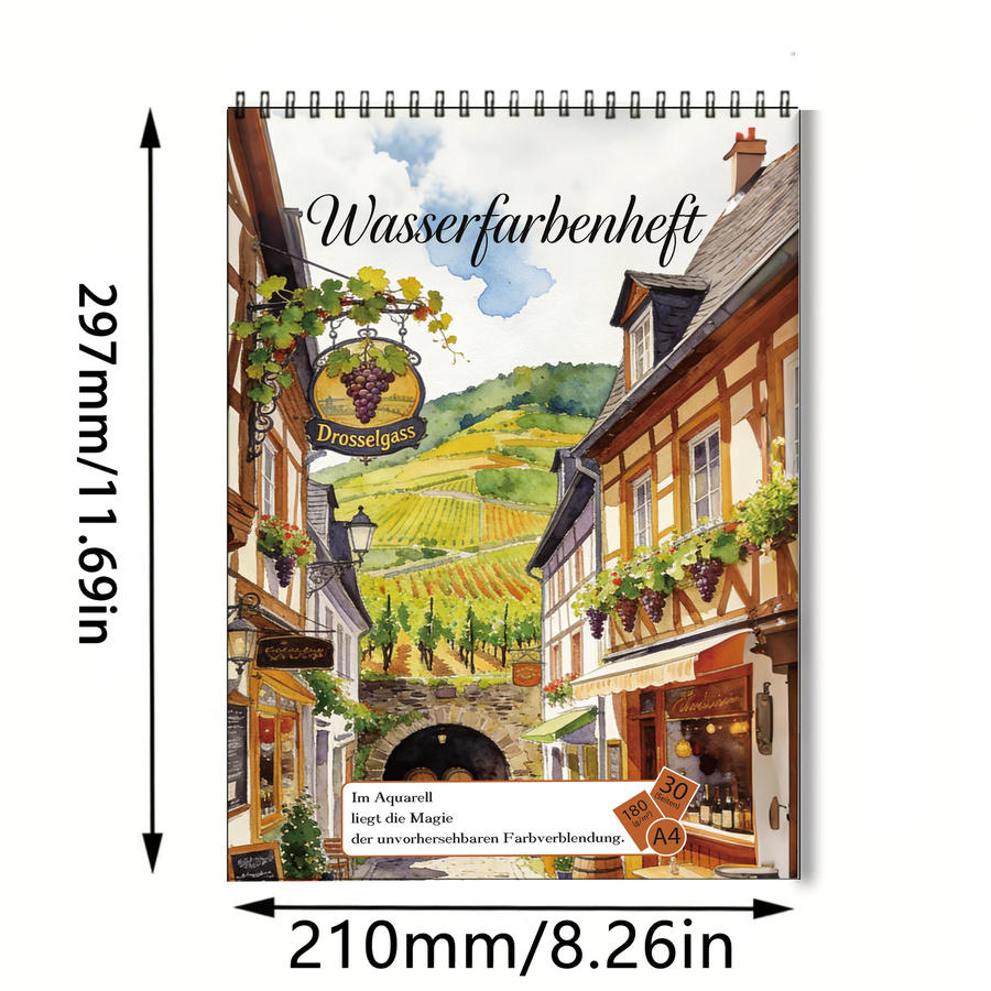 Professionelles A4 Aquarell-Skizzenbuch mit säurefreiem Papier (180g/m²) und deutschem Halbholzstädte- und Weinberg-Einband - Bild 2