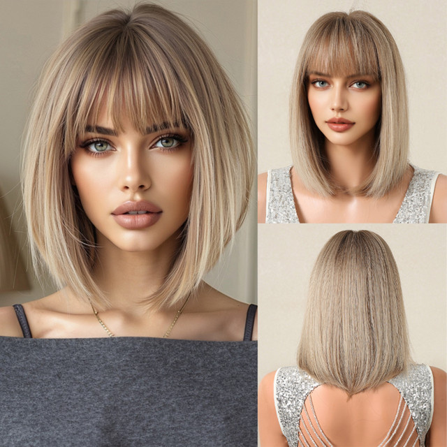 HAIRCUBE Bob-Perücke, braun, Ombre, gerade, mit Pony, Damen - Bild 1