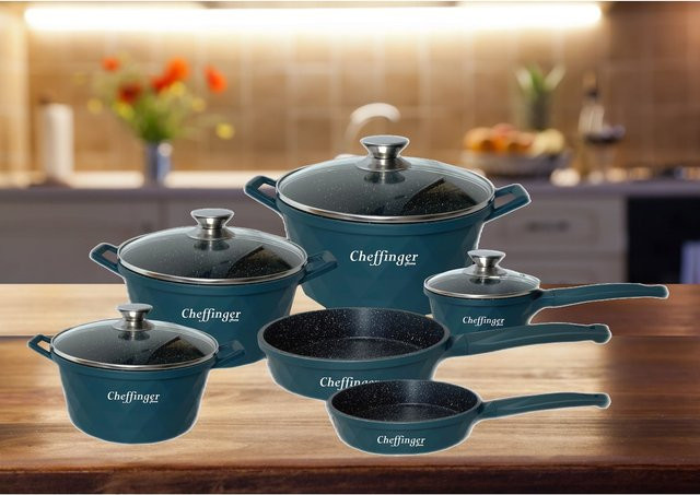 12-teiliges Cheffinger Kochtopf Set Diamant in Blau mit Antihaftbeschichtung für Induktion - Bild 1