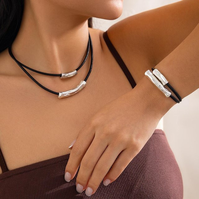 Lucky Star Jewelry Halskette Armband, Schwarz, Leder, Zirkonia, Damen - Bild 1
