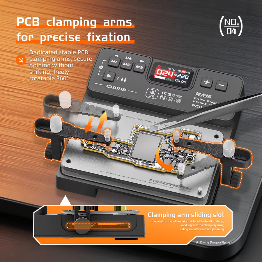 YCS CH898 Divine Dragon Flame PCB Vorheizstation mit 3 Voreinstellungen und Klemmarmen für die Handy-Reparatur, 40-260 °C - Bild 2