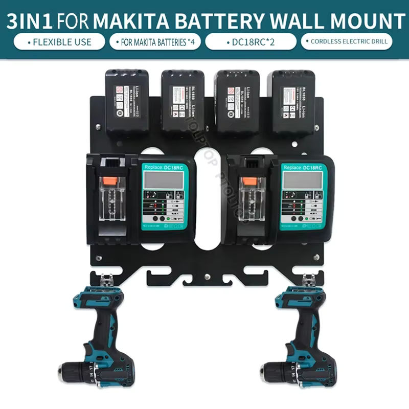 Makita Ladegeräthalter Wandhalterung für 4 Batterien 14,4V/18V DC18RD DC18RC in Schwarz - Bild 4