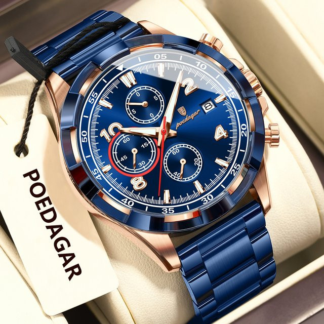 POEDAGAR Armbanduhr Chronograph, Quarz, Edelstahl, Blau, Herren - Bild 1