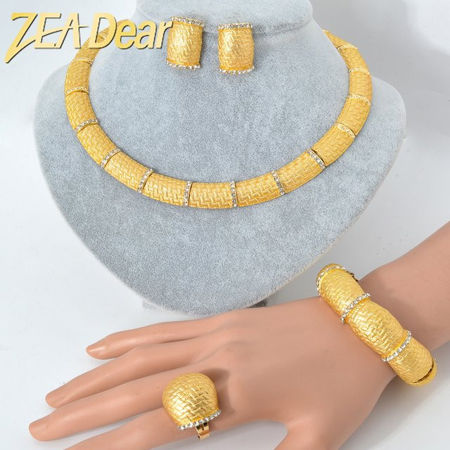 ZeaDear Schmuck-Set, 18K Goldfarbe, Halskette, Ohrringe, Ring, Armbänder, Damen - Bild 1