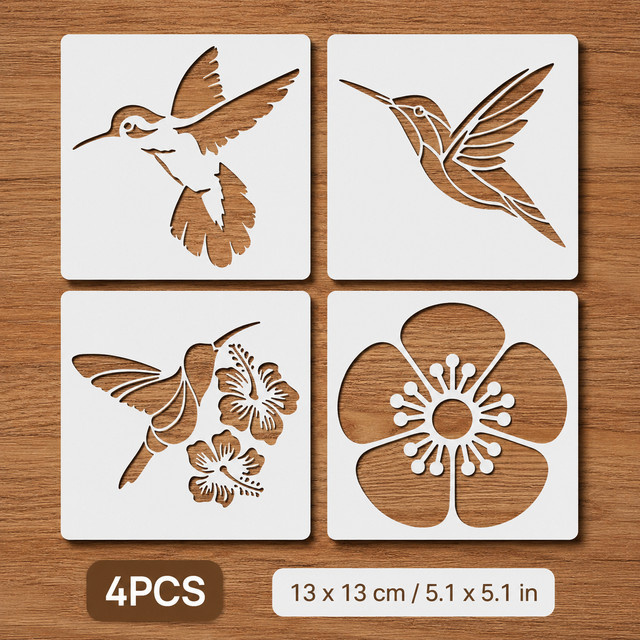 4 Stück Kolibri-Blumen-Schablonen in Weiß, wiederverwendbare Vogel- und Blumenmalvorlagen für DIY-Wanddekoration auf Leinwand und Stoff, B/H: 12,95 x 12,95 cm - Bild 1