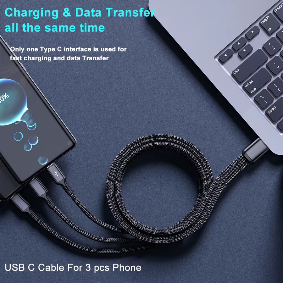 3-in-1 Schnellladekabel USB auf 3x Typ-C mit 100W Quick Charge 3.0, nylon-geflochtenes Datenkabel, Schwarz - Bild 3