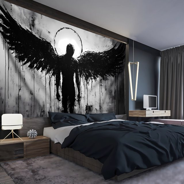 VIKAMA Wandteppich mit Engelsfigur in Schwarz-Weiß, gotischer Wandbehang für deine Raumdekoration, Breite: 60 cm, Höhe: 40 cm - Bild 1