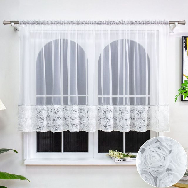 FLYINGCURTAINS Chiffon-Kurzvorhang mit 3D-Rosenspitzen-Design in Weiß, transparent und floral - Bild 1
