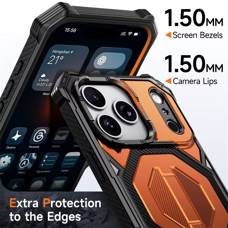 Newteneight Militärische Panzer-Schutzhülle mit Magnetmetall-Ständer für iPhone 16 E, Farbe: Orange, MagSafe kompatibel - Bild 5