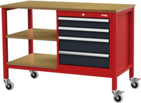 STIER Mobile Kastenwerkbank mit 4 Schubladen und 2 Holzfachböden in Rot, B/T/H: 130 x 60 x 96 cm - Bild 1