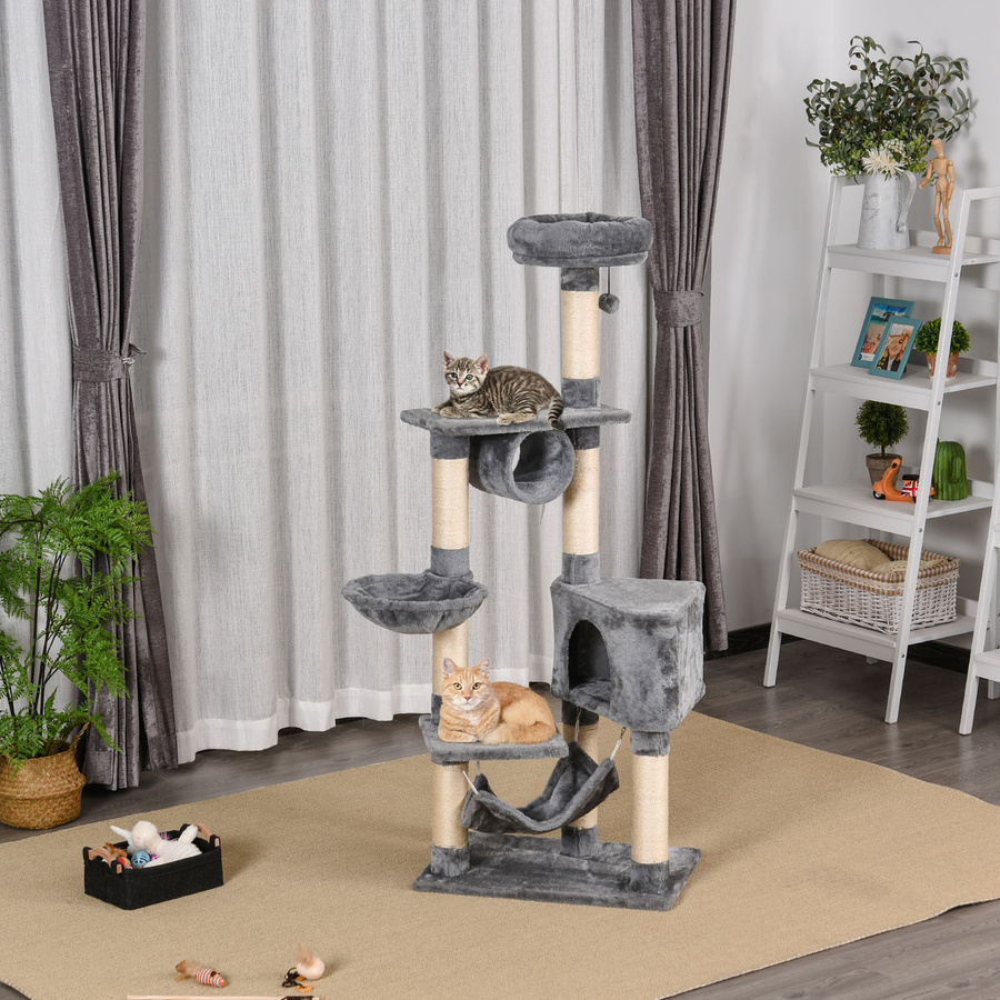 PawHut Kratzbaum für Katzen mit Höhle, Hängematte und Sisal-Kratzpfosten, Grau, H x B x T: 154 x 60 x 40 cm, Aosom - Bild 2