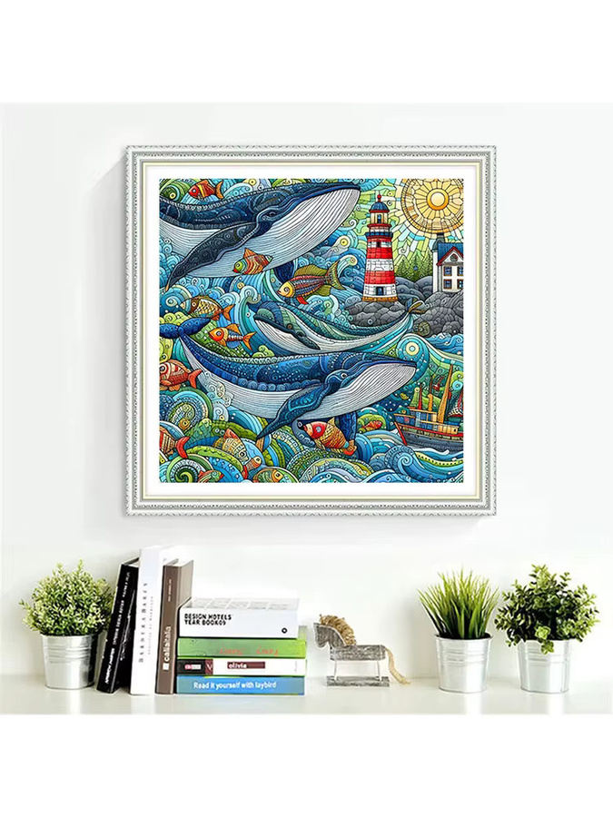 HUACAN Kreuzstich-Set Hauslandschaft mit Stadtbaum und DMC-Garn, bedruckte Leinwand zur Wanddekoration, Multicolor, B/H: 30 x 30 cm - Bild 2