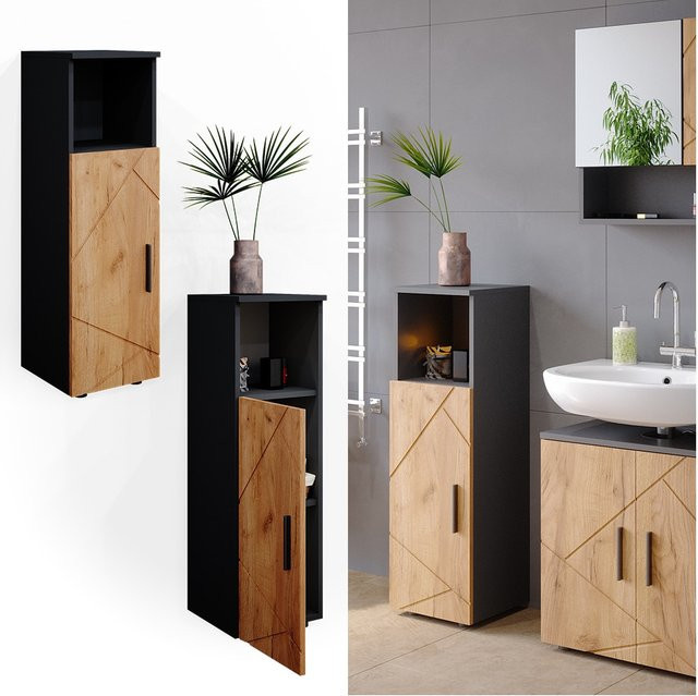 Vicco Midischrank Irma Badschrank in Anthrazit und Eiche mit 3 Fächern und 1 Tür, B: 30 cm, H: 95 cm - Bild 1