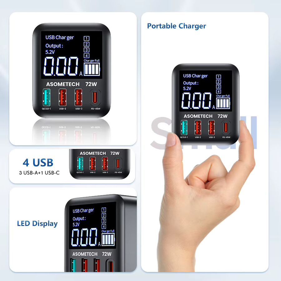 ASOMETECH 72 W GaN USB-Ladegerät in Schwarz mit 4 Ports und LED-Anzeige, unterstützt QC3.0, PD3.0 und PPS, inklusive USB-C Schnellladegerät für iPhone 16, iPad, Samsung und Xiaomi - Bild 2