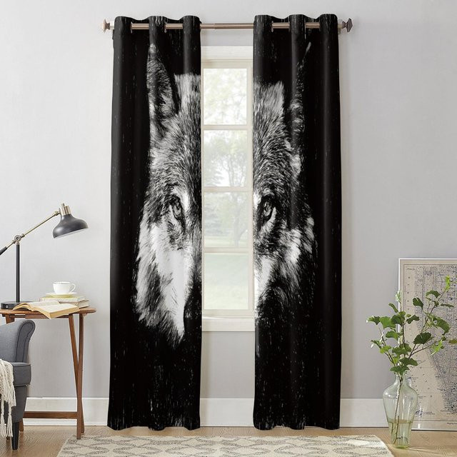 Luxus Wolf Vorhang in Schwarz Weiß für Wohnzimmer und Schlafzimmer, Grau, Breite: 135 cm, Höhe: 60 cm - Bild 1