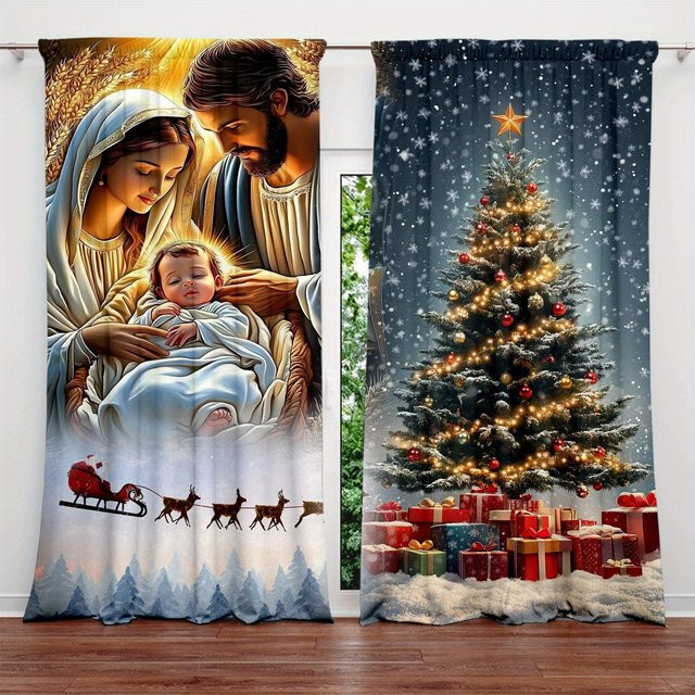 2-teiliges Set Weihnachtsvorhänge mit Krippen-Motiv, grau, B: 52,5 cm, H: 116 cm - Bild 1