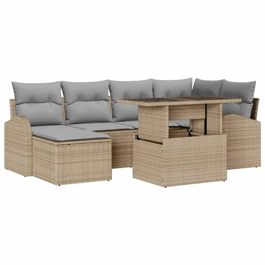 vidaXL Garten-Sofa-Set aus Poly-Rattan in Beige, 7-teiliges L-Shape Lounge-Set mit Ecksofa, Hocker, Tisch und integriertem Sitzkissen-Speicher, UV-beständig - Bild 2