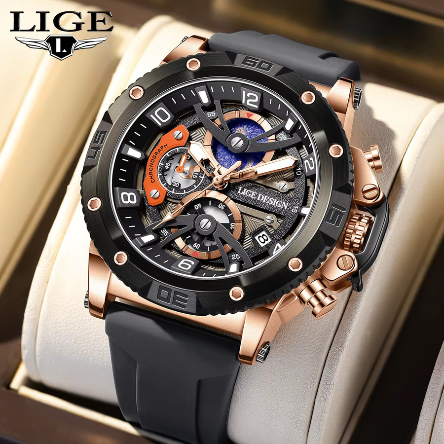 LIGE Armbanduhr Chronograph, Quarz, Silikon, Schwarz, Herren - Bild 3